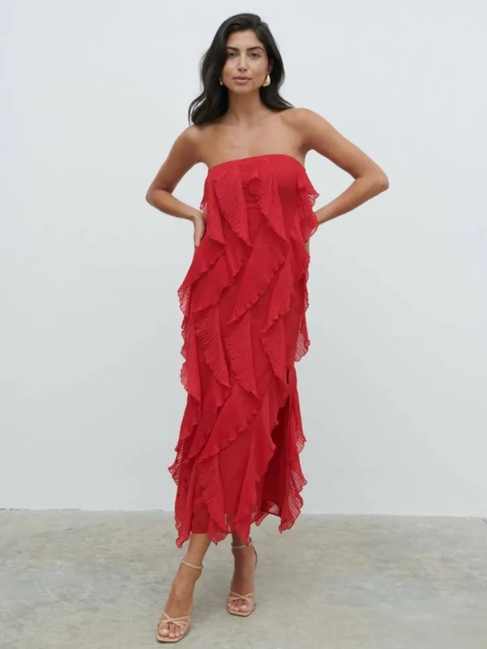 Pretty Lavish Dresses Women Perla Bandeau Ruffle Midaxi Dress Red