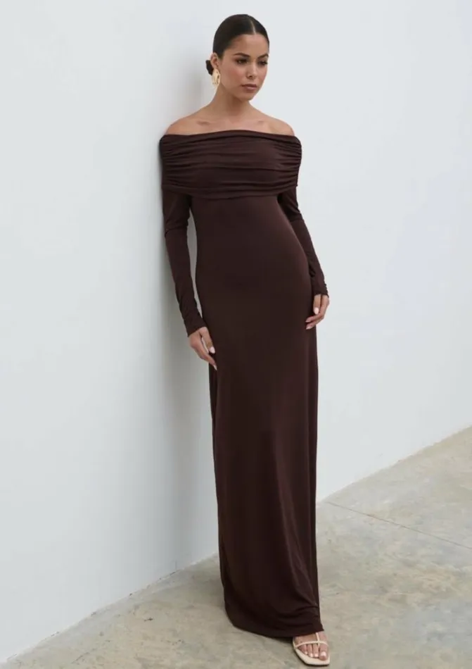 Pretty Lavish Dresses Women Perrie Bardot Jersey Maxi Dress Brown