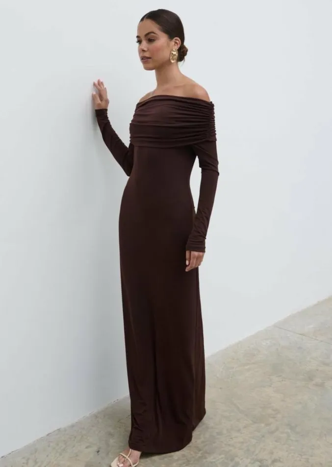 Pretty Lavish Dresses Women Perrie Bardot Jersey Maxi Dress Brown