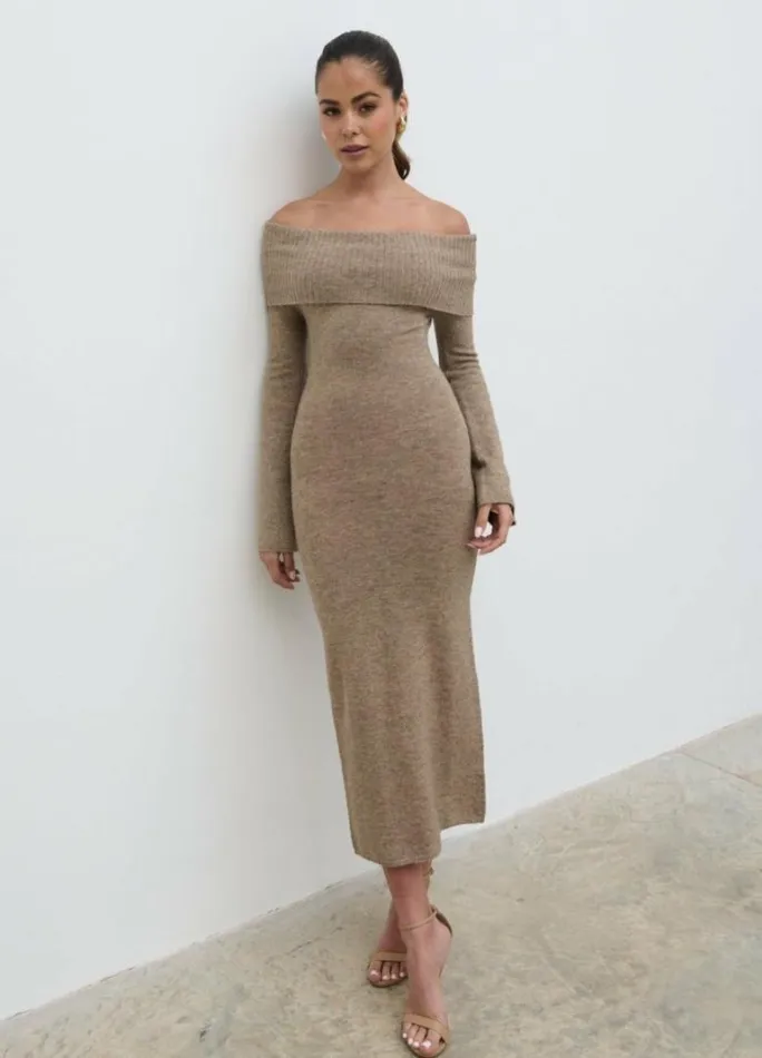 Pretty Lavish Dresses Women Soreya Bardot Soft Knit Dress Brown