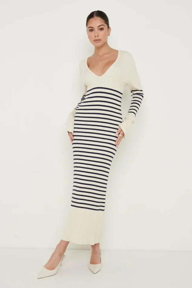 Pretty Lavish Dresses Women Vanessa Striped Knit Dress Cream And Navy Stripe