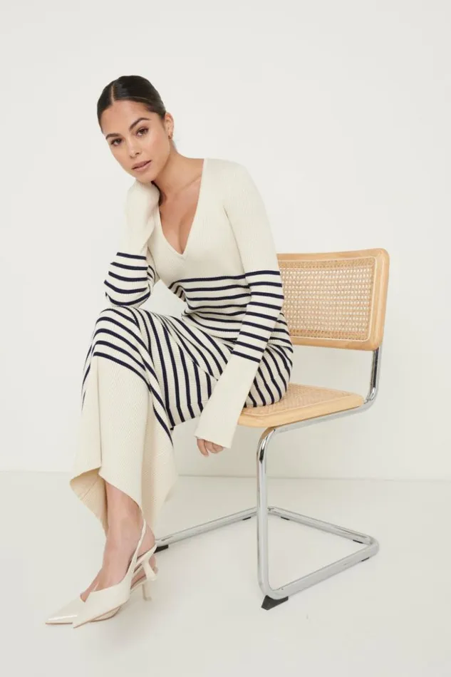 Pretty Lavish Dresses Women Vanessa Striped Knit Dress Cream And Navy Stripe