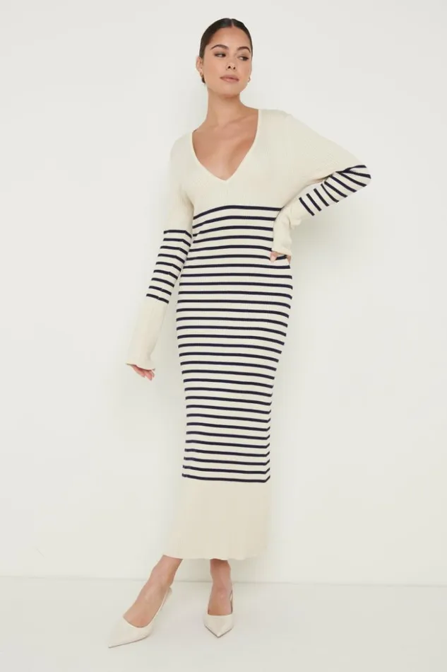Pretty Lavish Dresses Women Vanessa Striped Knit Dress Cream And Navy Stripe