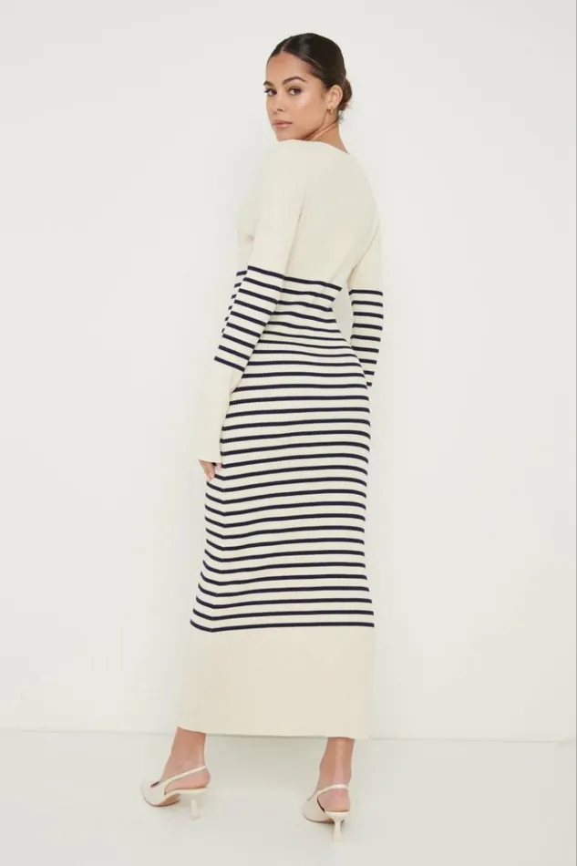 Pretty Lavish Dresses Women Vanessa Striped Knit Dress Cream And Navy Stripe