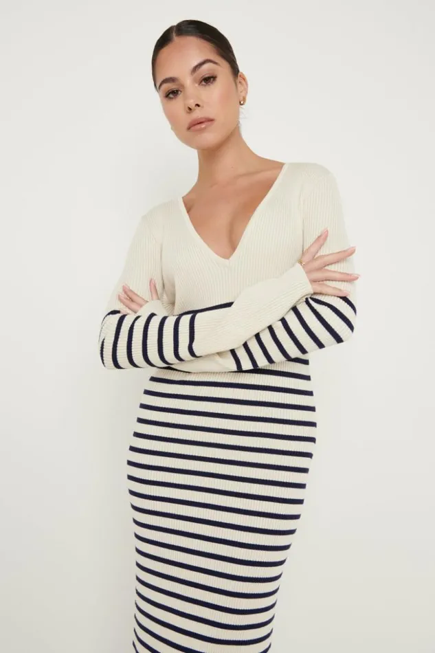 Pretty Lavish Dresses Women Vanessa Striped Knit Dress Cream And Navy Stripe