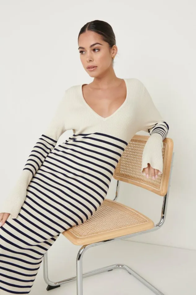 Pretty Lavish Dresses Women Vanessa Striped Knit Dress Cream And Navy Stripe