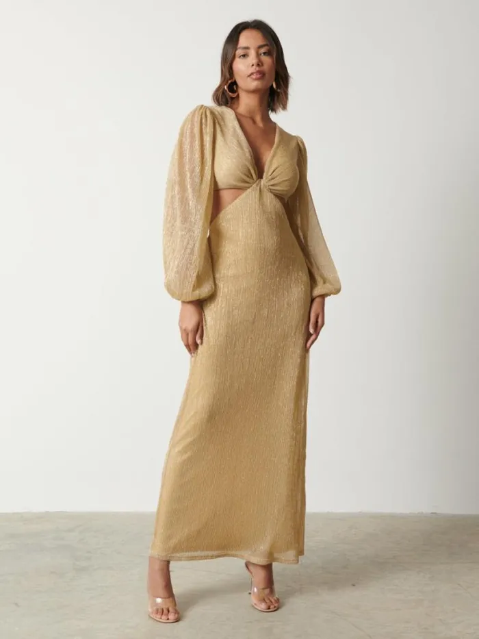 Pretty Lavish Dresses Women Zaya Plisse Metallic Maxi Dress Gold