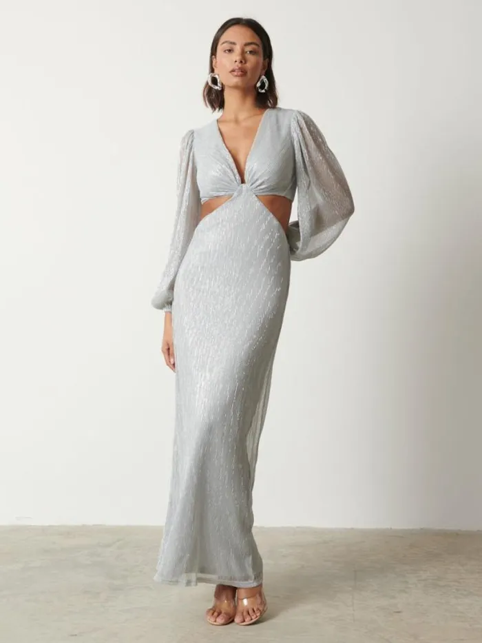 Pretty Lavish Dresses Women Zaya Plisse Metallic Maxi Dress Silver
