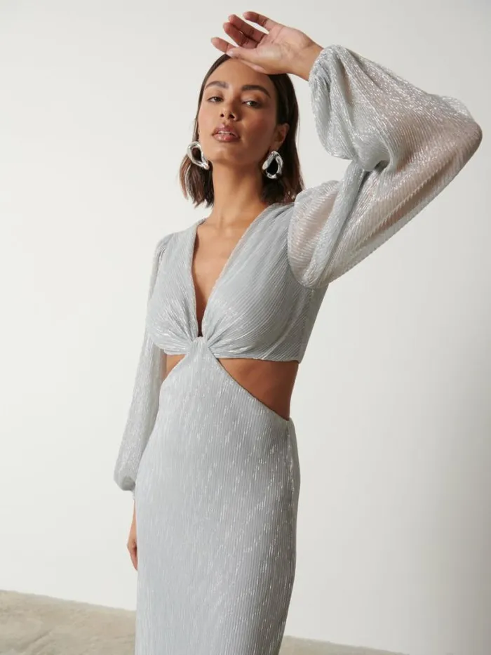 Pretty Lavish Dresses Women Zaya Plisse Metallic Maxi Dress Silver