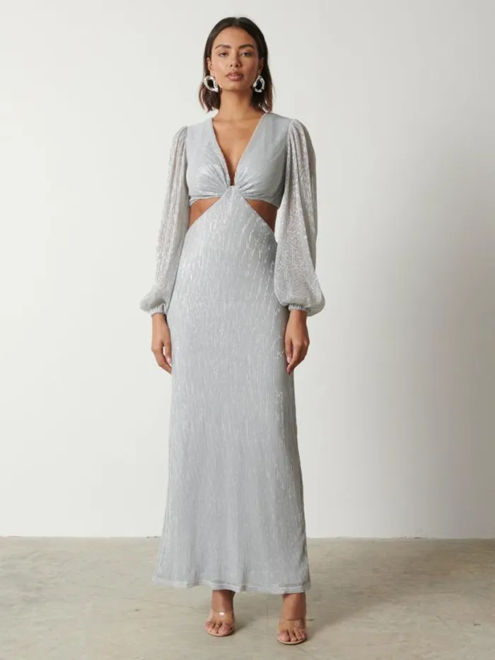 Pretty Lavish Dresses Women Zaya Plisse Metallic Maxi Dress Silver
