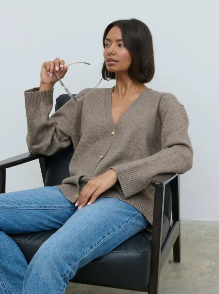Pretty Lavish Everyday Staples Women Felicity Knot Shank Knit Cardigan Brown