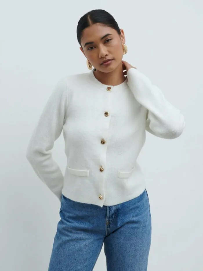 Pretty Lavish Everyday Staples Women Sabrina Gold Button Knit Cardigan Cream