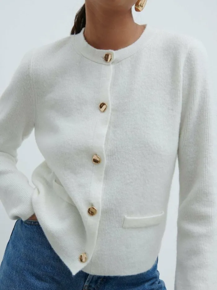 Pretty Lavish Everyday Staples Women Sabrina Gold Button Knit Cardigan Cream