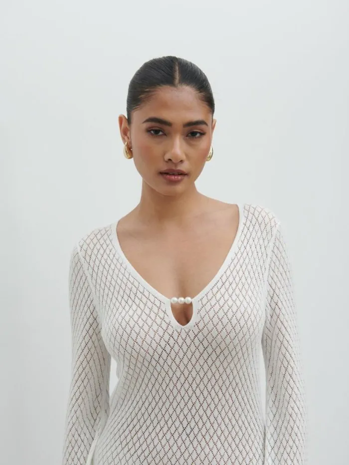 Pretty Lavish Hen Do Women Croisette Knit Beaded Midaxi Dress White