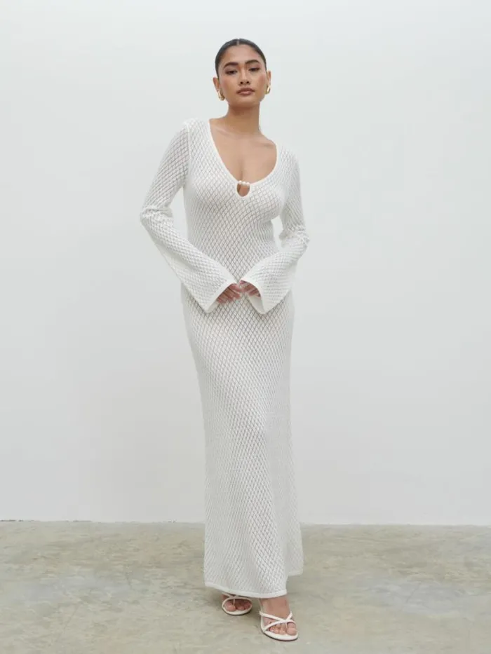 Pretty Lavish Hen Do Women Croisette Knit Beaded Midaxi Dress White