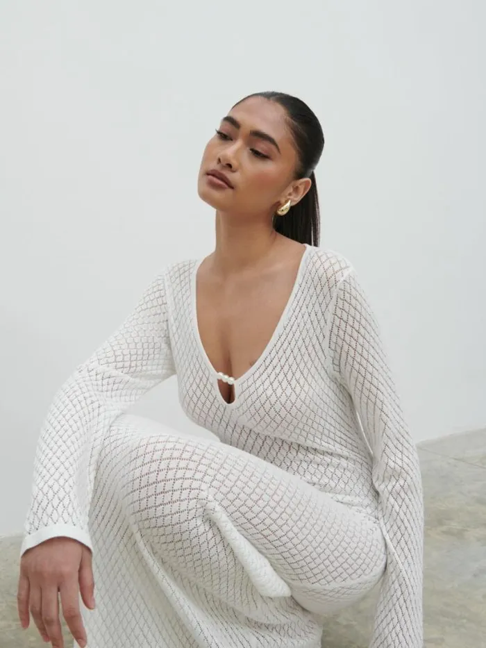 Pretty Lavish Hen Do Women Croisette Knit Beaded Midaxi Dress White