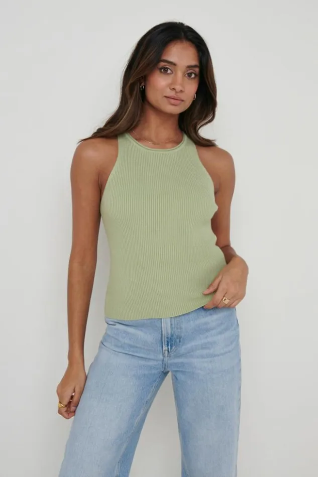 Pretty Lavish Knitwear Women Billie Ribbed Racer Tee Olive