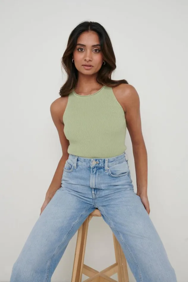 Pretty Lavish Knitwear Women Billie Ribbed Racer Tee Olive