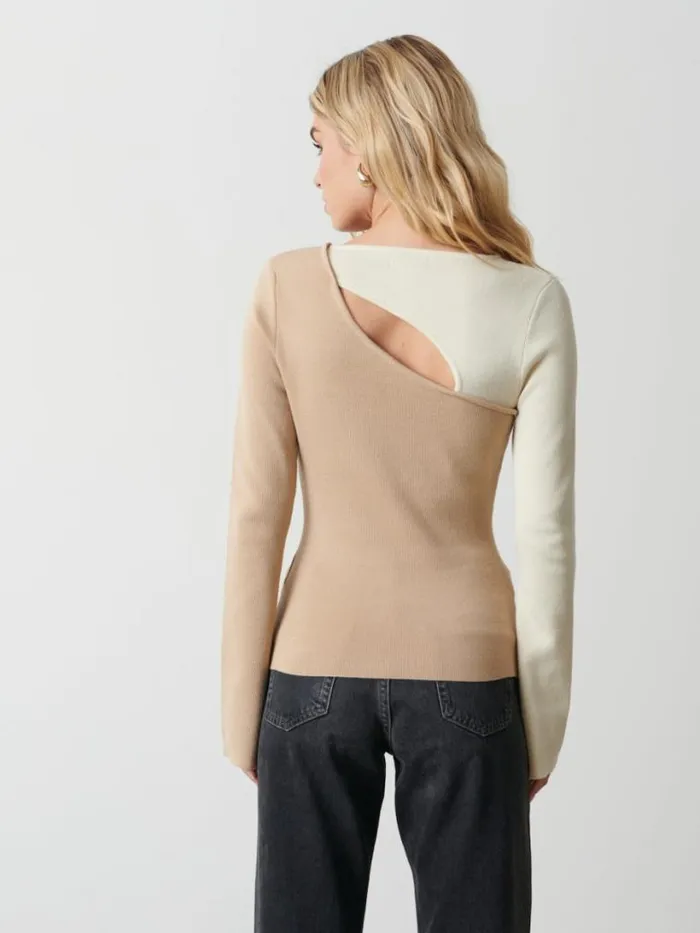 Pretty Lavish Knitwear Women Brogan Contrast Knit Top Beige And Cream