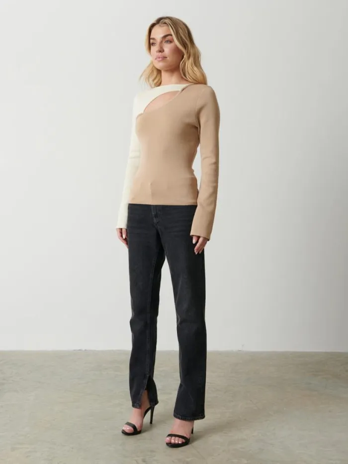 Pretty Lavish Knitwear Women Brogan Contrast Knit Top Beige And Cream