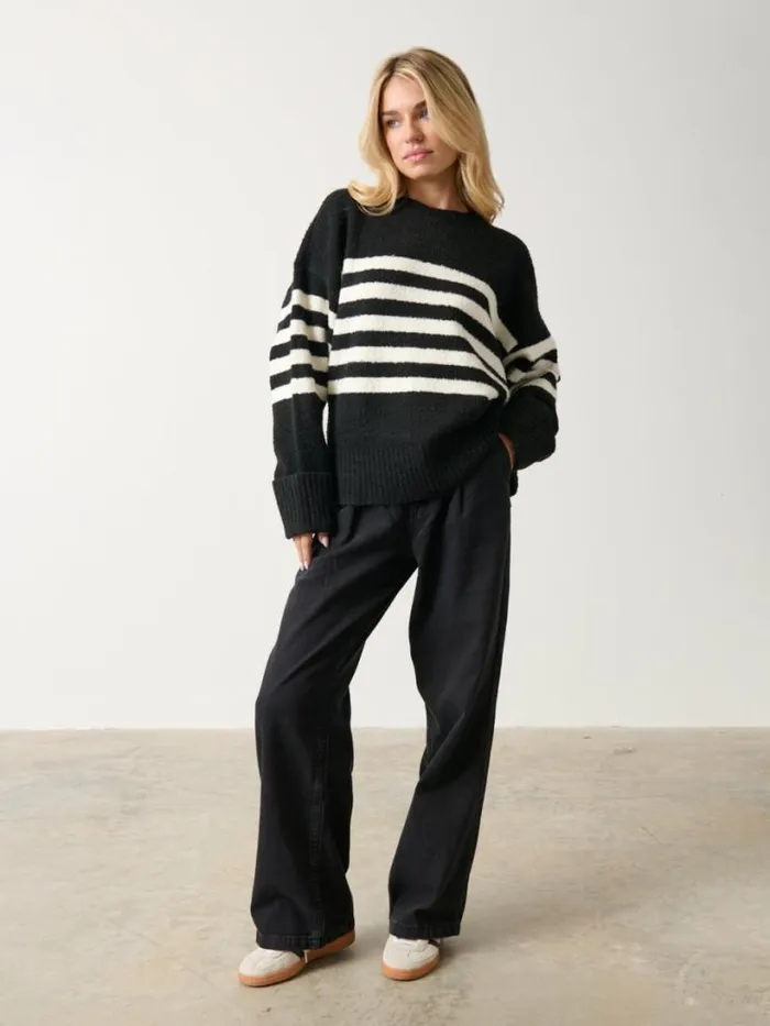 Pretty Lavish Knitwear Women Camille Oversized Striped Borg Jumper Black