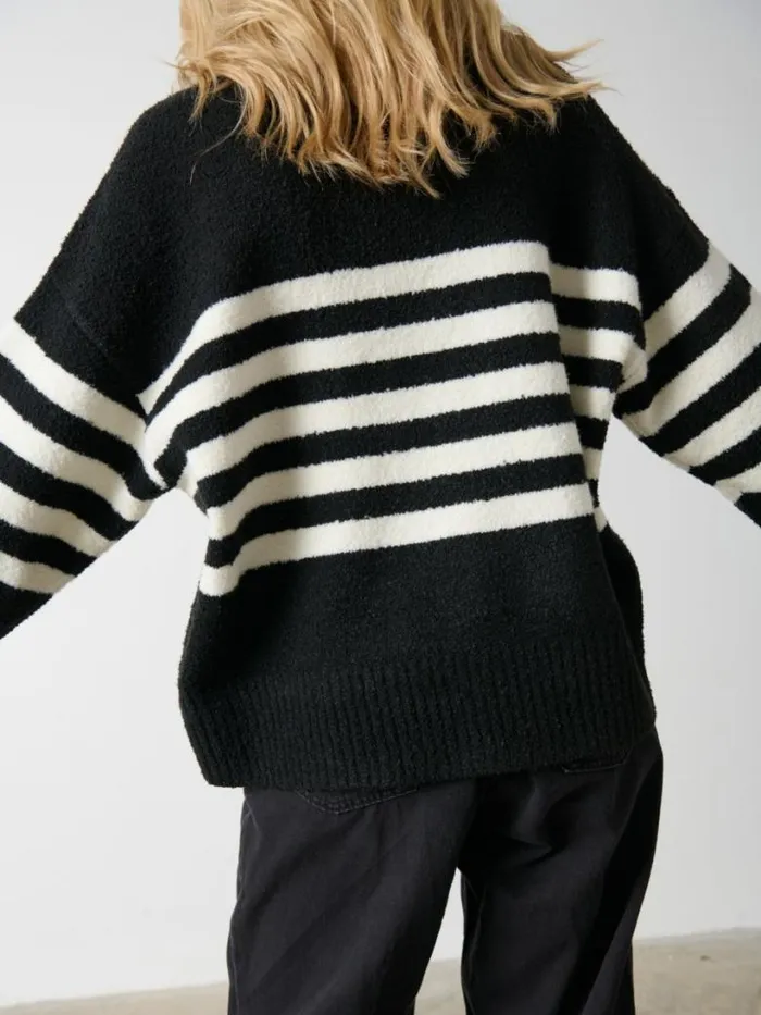 Pretty Lavish Knitwear Women Camille Oversized Striped Borg Jumper Black