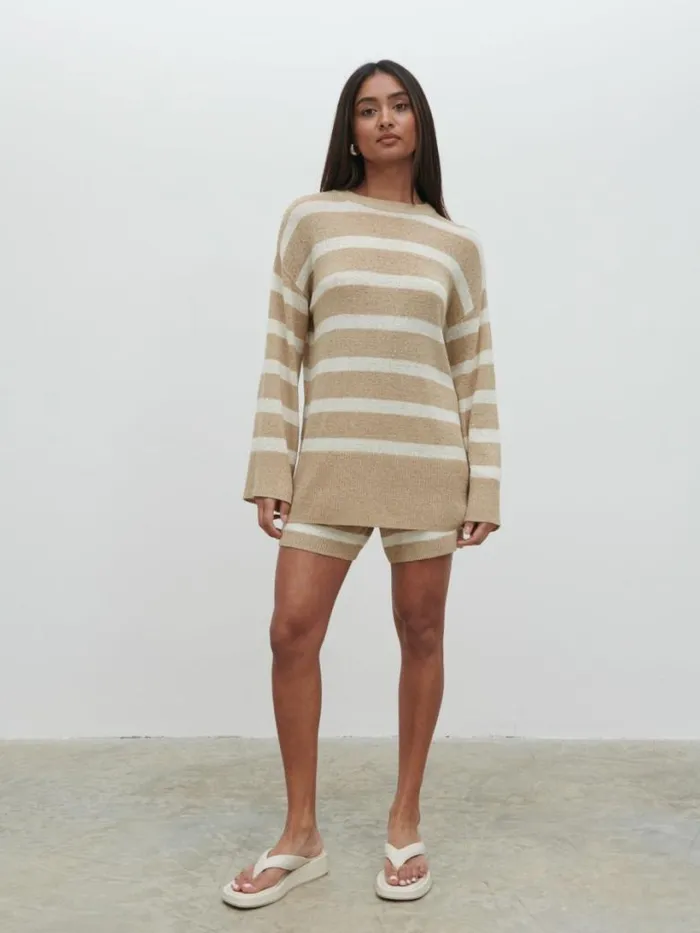 Pretty Lavish Knitwear Women Dakota Stripe Knit Jumper Beige And Cream Stripe