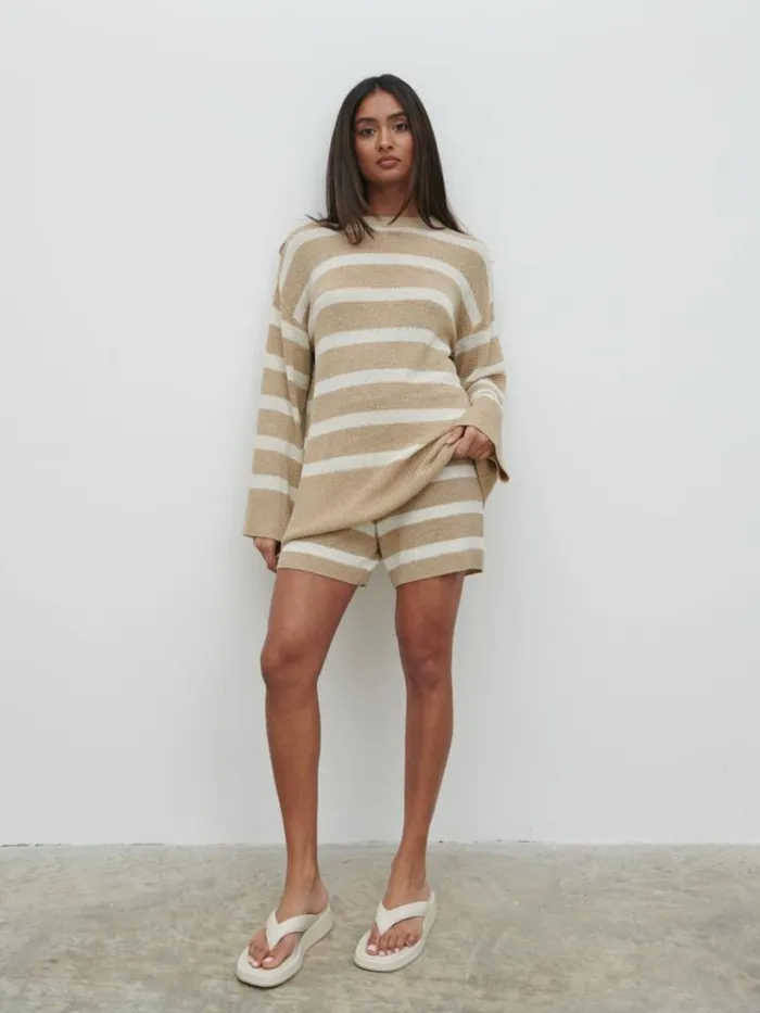 Pretty Lavish Knitwear Women Dakota Stripe Knit Jumper Beige And Cream Stripe
