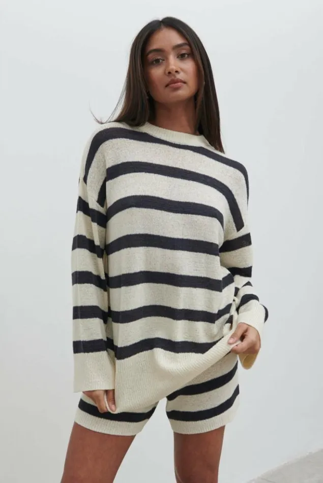 Pretty Lavish Knitwear Women Dakota Stripe Knit Jumper Cream And Navy Stripe