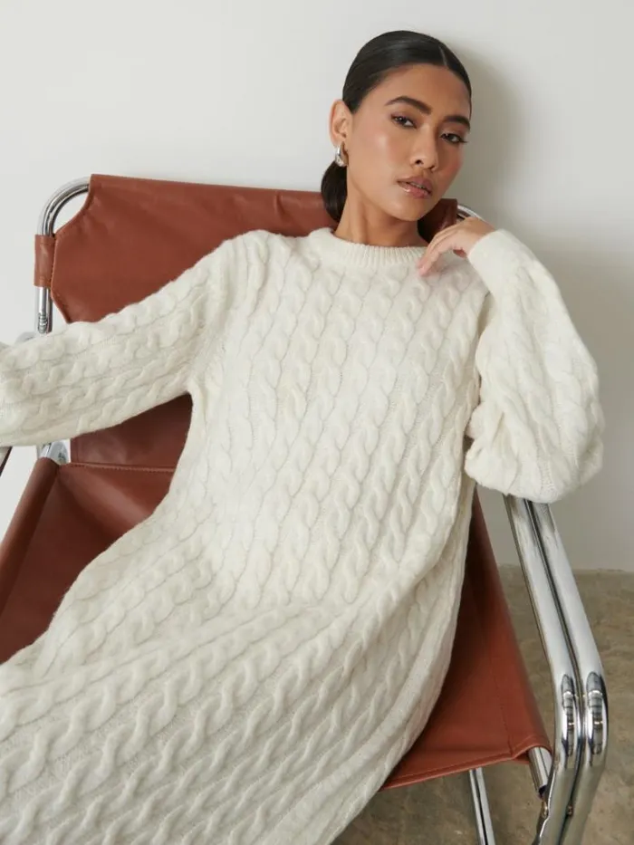 Pretty Lavish Knitwear Women Elisha Cable Knit Midaxi Dress Cream