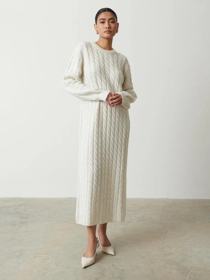 Pretty Lavish Knitwear Women Elisha Cable Knit Midaxi Dress Cream