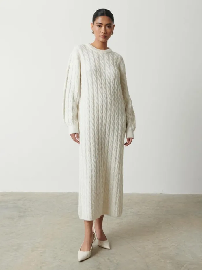 Pretty Lavish Knitwear Women Elisha Cable Knit Midaxi Dress Cream