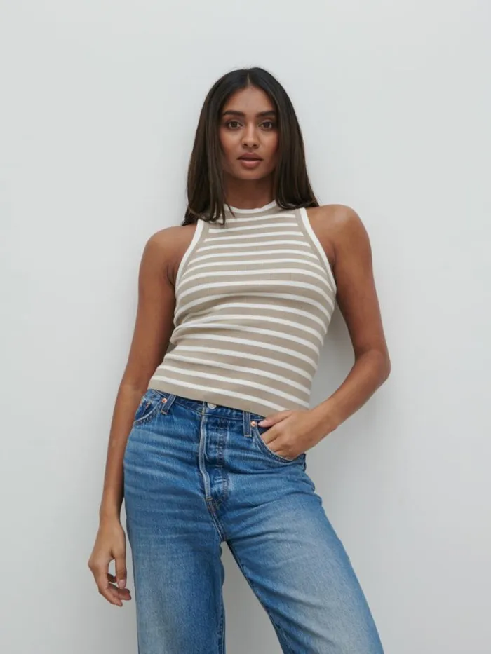 Pretty Lavish Knitwear Women Ferne Stripe Knit Racer Top Beige And Cream Stripe