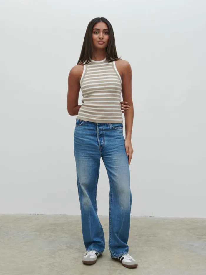 Pretty Lavish Knitwear Women Ferne Stripe Knit Racer Top Beige And Cream Stripe