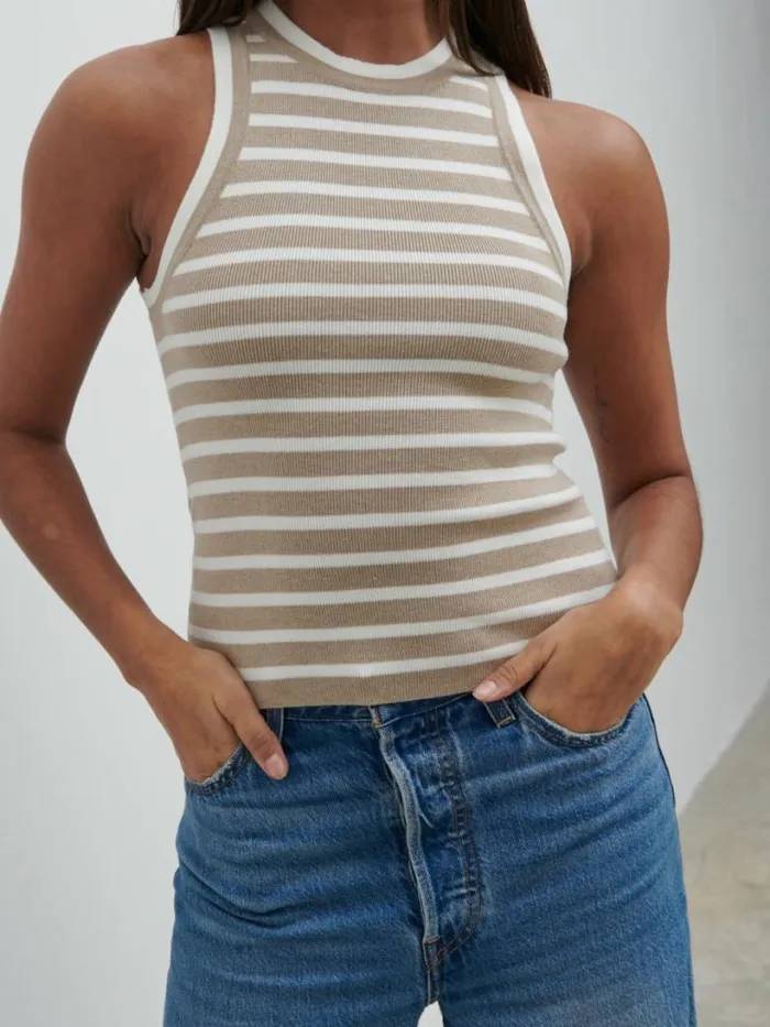 Pretty Lavish Knitwear Women Ferne Stripe Knit Racer Top Beige And Cream Stripe