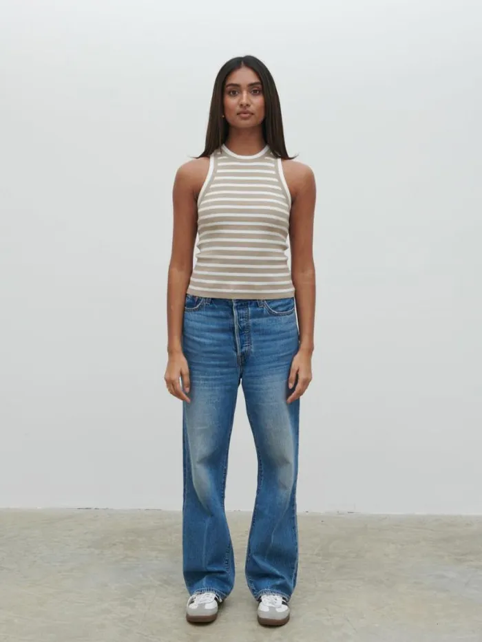 Pretty Lavish Knitwear Women Ferne Stripe Knit Racer Top Beige And Cream Stripe
