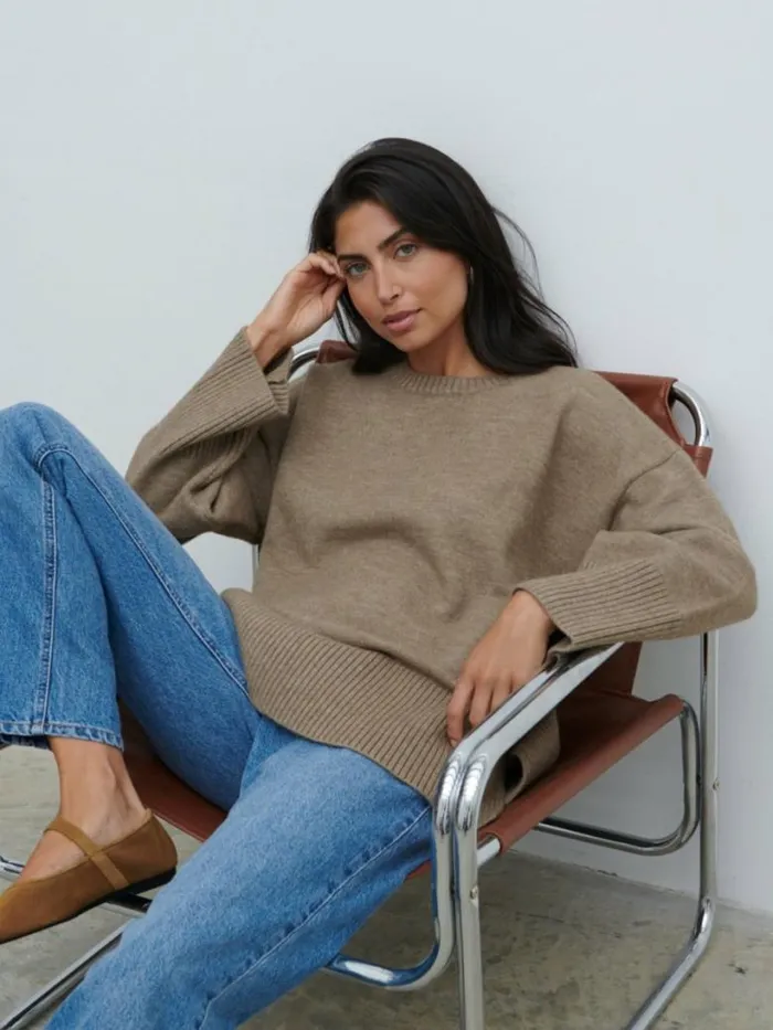Pretty Lavish Knitwear Women Finnity Slouchy Crew Neck Knit Jumper Light Brown