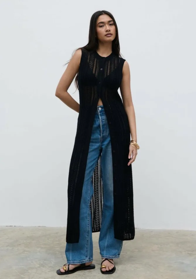 Pretty Lavish Knitwear Women Helen Longline Open Knit Cardigan Black
