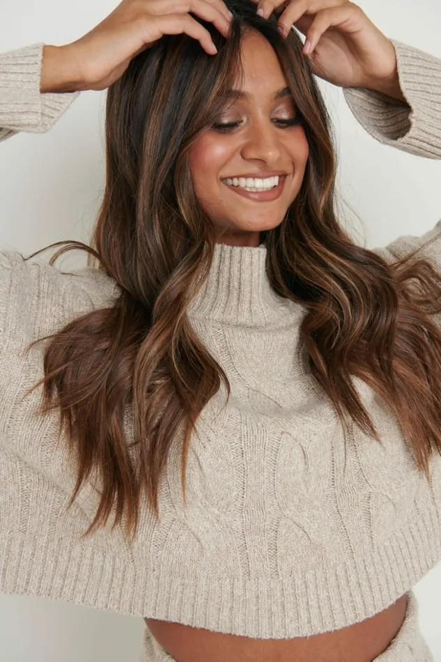 Pretty Lavish Knitwear Women Hunter Cable Knit Cropped Jumper Beige