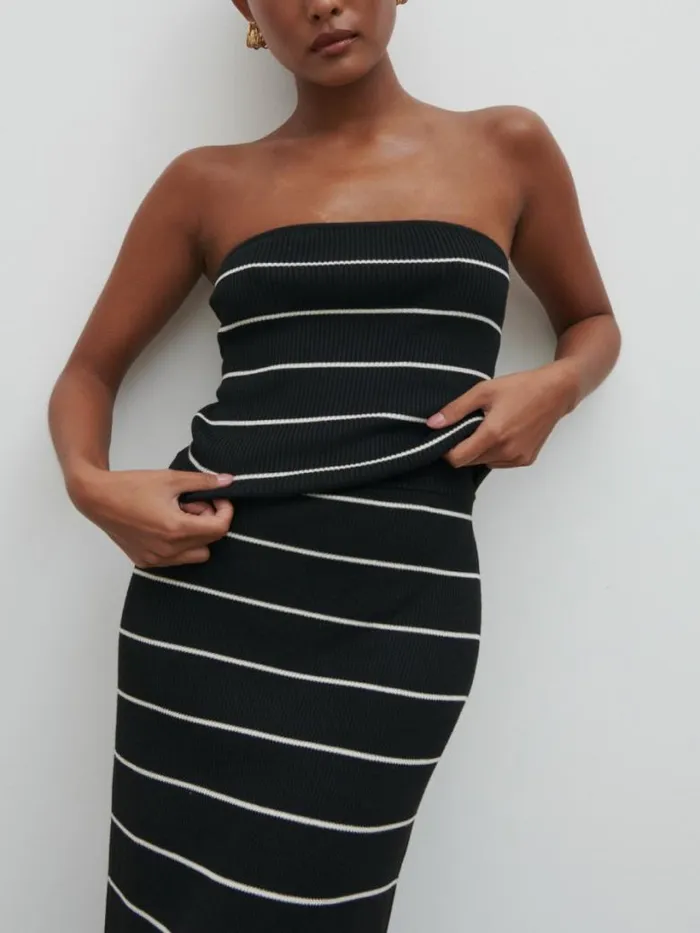 Pretty Lavish Knitwear Women Louisa Stripe Bandeau Knit Top Black And Cream Stripe