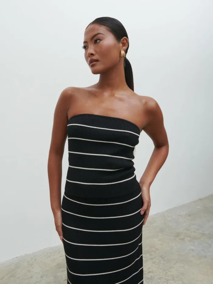 Pretty Lavish Knitwear Women Louisa Stripe Bandeau Knit Top Black And Cream Stripe