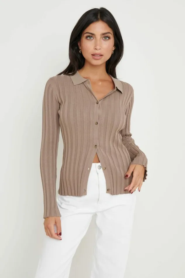 Pretty Lavish Knitwear Women Micah Ribbed Knit Button Shirt Brown