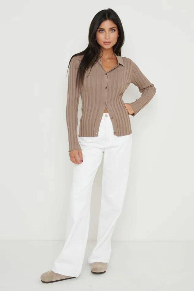Pretty Lavish Knitwear Women Micah Ribbed Knit Button Shirt Brown