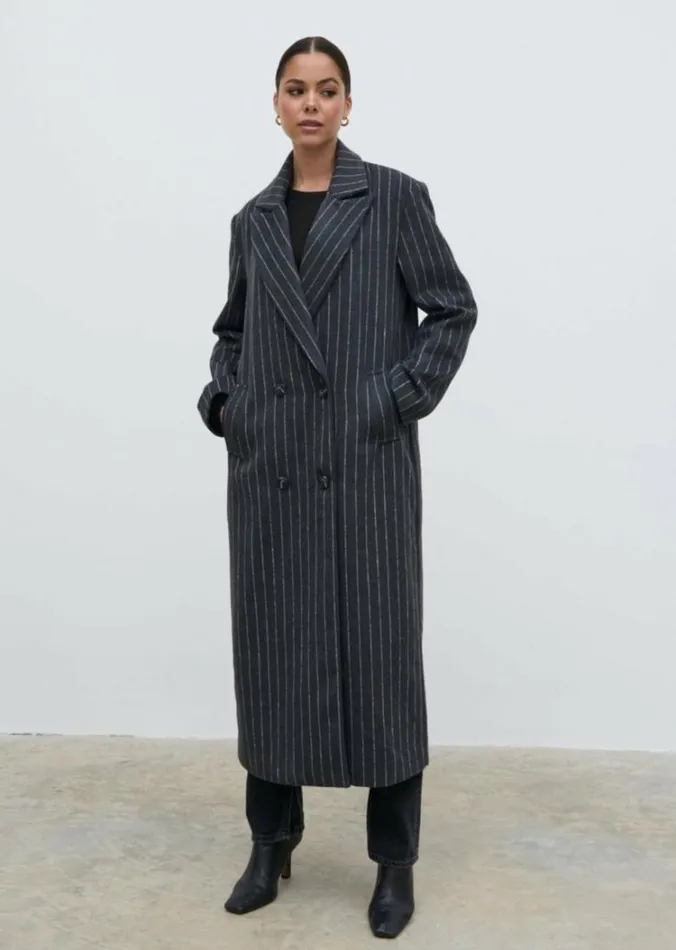 Pretty Lavish Outerwear Women Briar Pinstripe Top Coat Charcoal And White