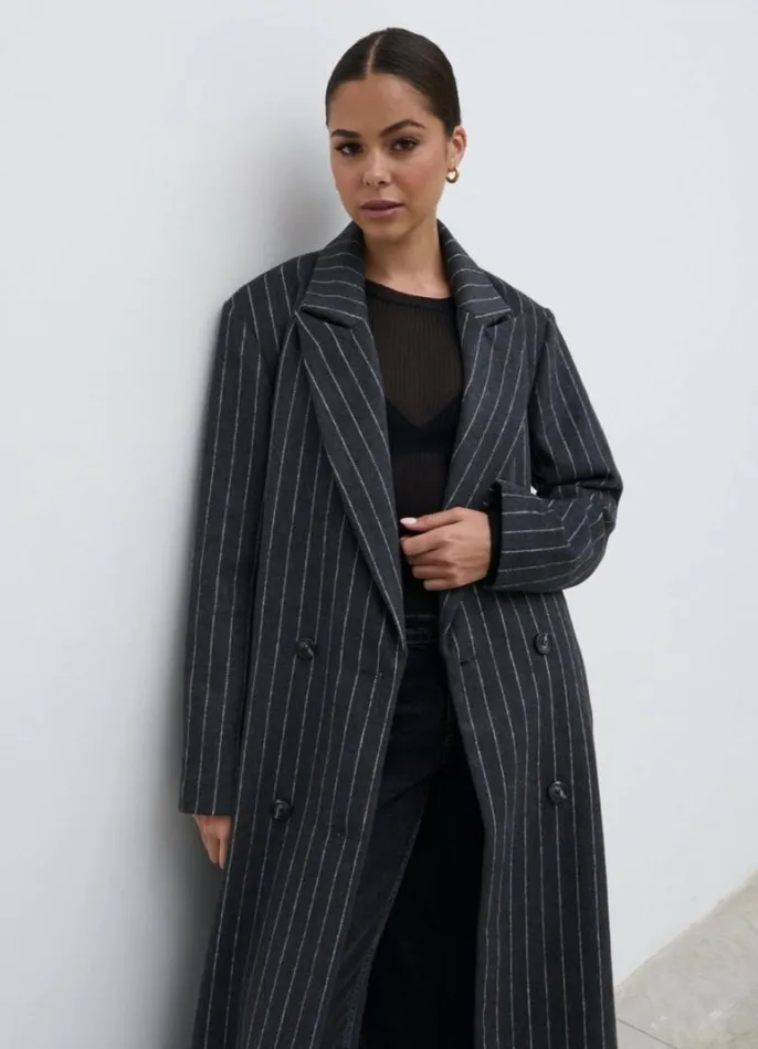 Pretty Lavish Outerwear Women Briar Pinstripe Top Coat Charcoal And White