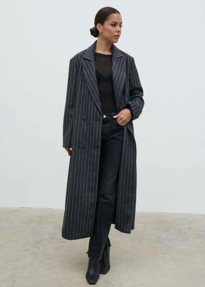 Pretty Lavish Outerwear Women Briar Pinstripe Top Coat Charcoal And White
