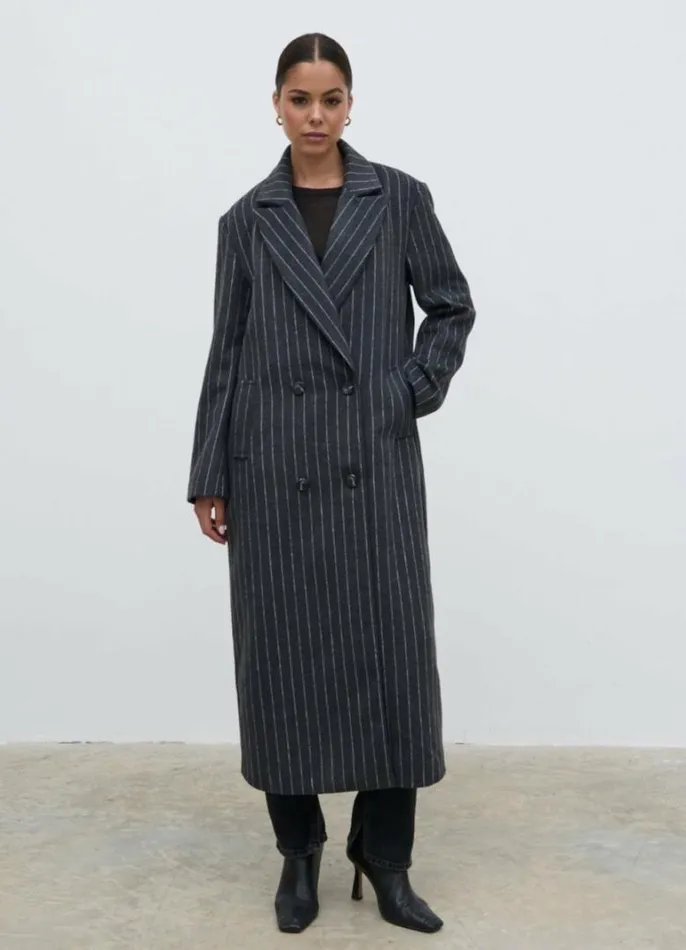 Pretty Lavish Outerwear Women Briar Pinstripe Top Coat Charcoal And White