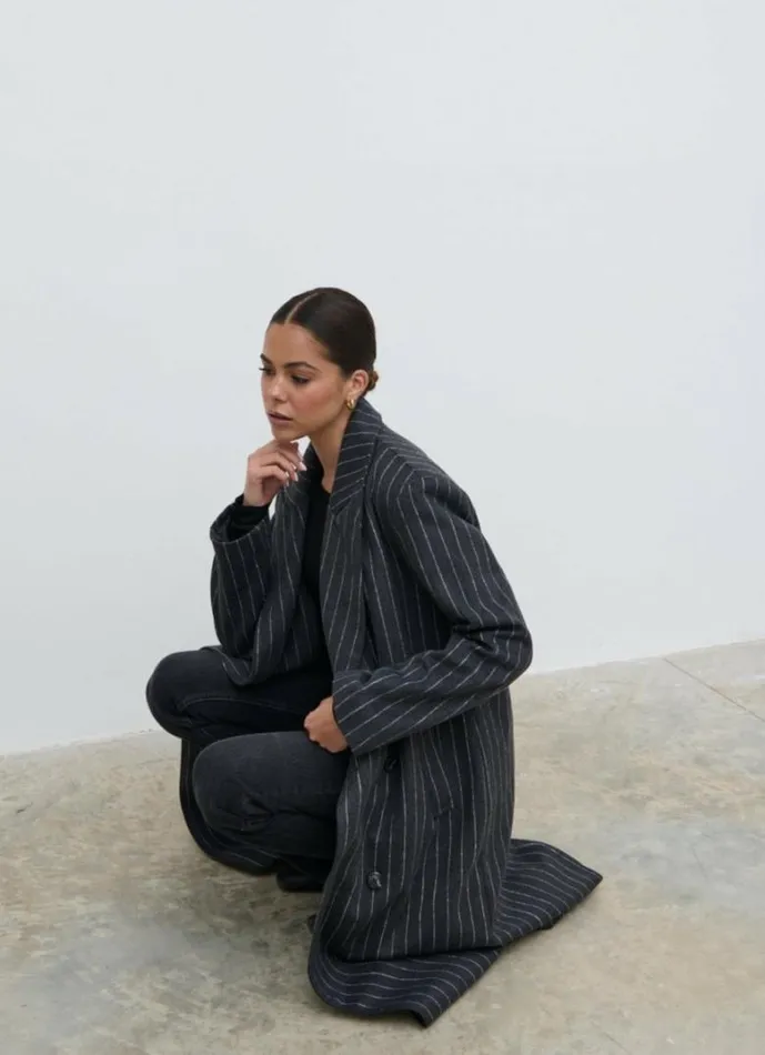 Pretty Lavish Outerwear Women Briar Pinstripe Top Coat Charcoal And White