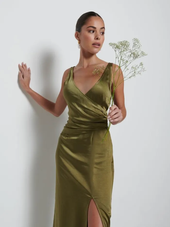 Pretty Lavish Satin Bridesmaid Dresses Women Esmee Wrap Maxi Bridesmaid Dress Dark Olive