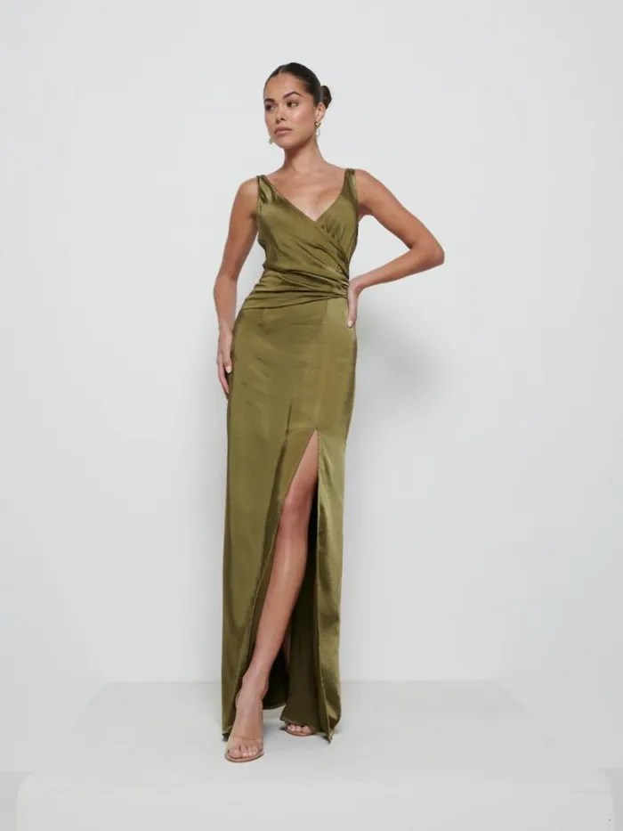 Pretty Lavish Satin Bridesmaid Dresses Women Esmee Wrap Maxi Bridesmaid Dress Dark Olive
